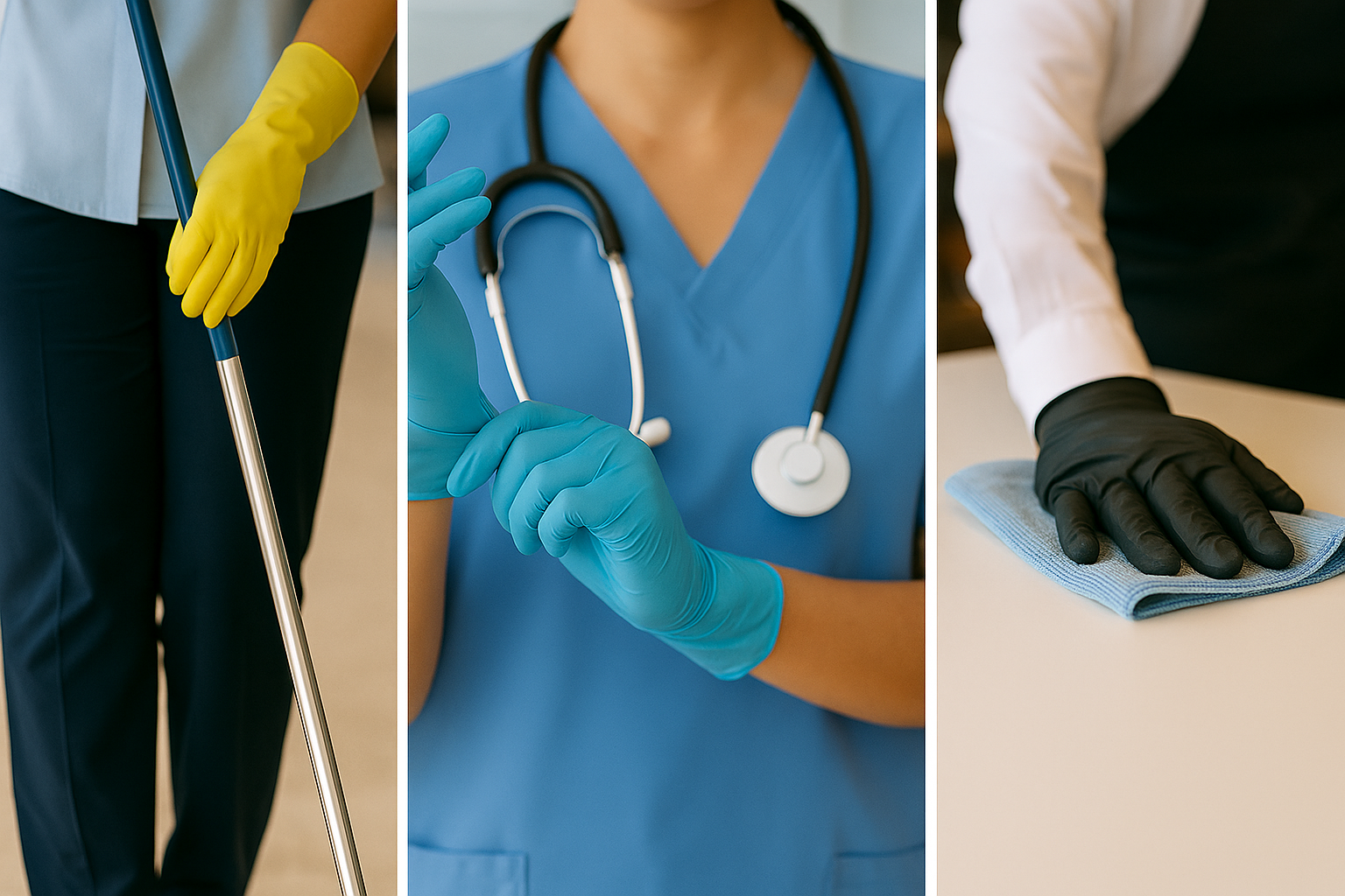 Disposable gloves for janitorial, healthcare and foodservice professionals